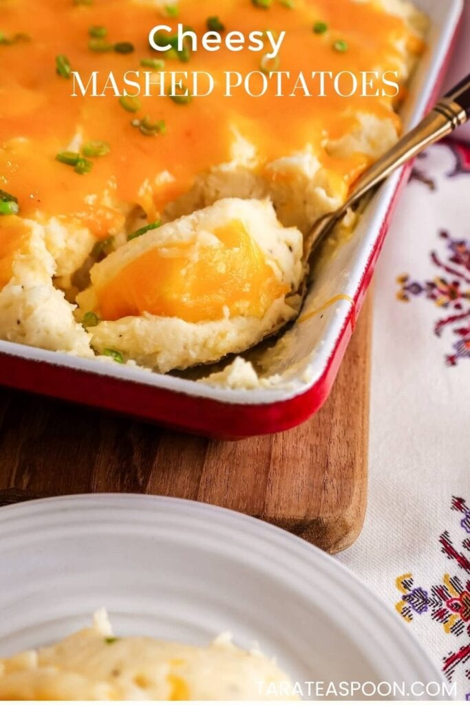 Pinterest graphic for Cheesy Mashed Potatoes recipe on Tara Teaspoon.