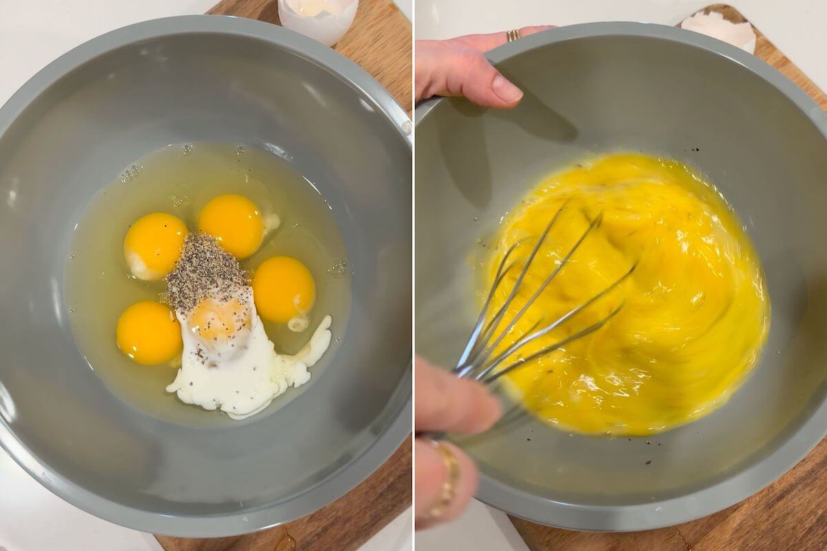 mixing eggs, milk, pepper, and salt for scrambled eggs
