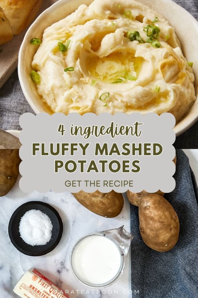 Pinterest graphic for Fluffy Mashed Potatoes recipe on Tara Teaspoon.