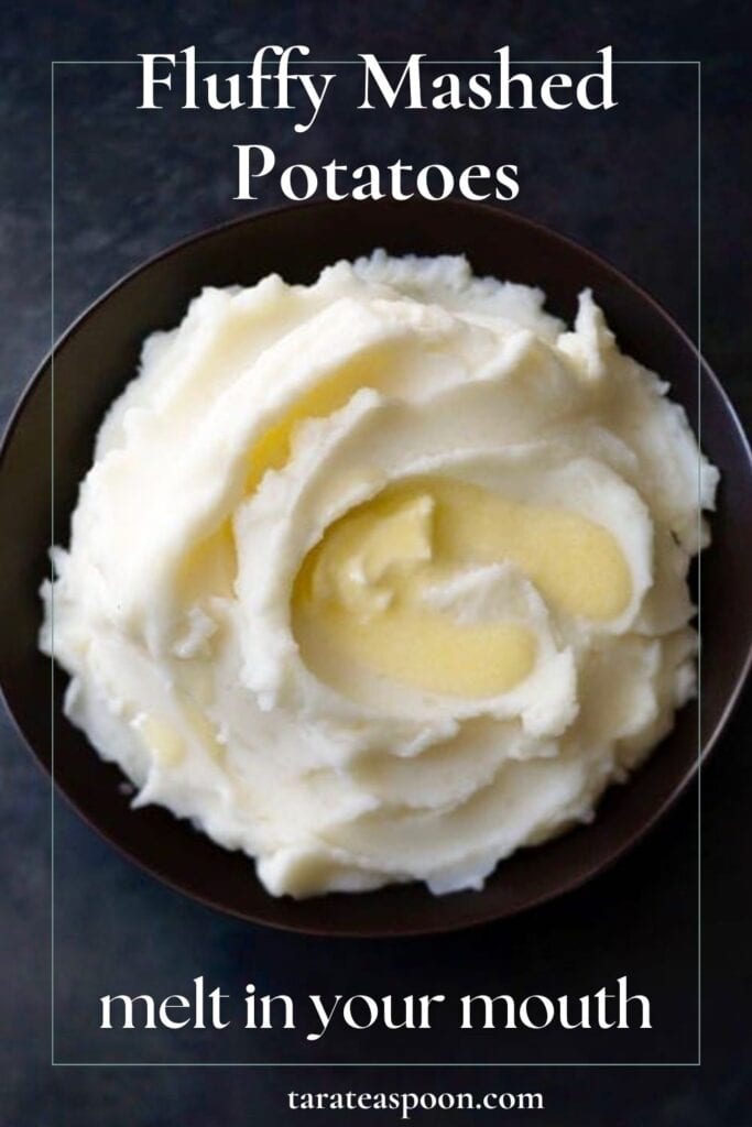 Pinterest graphic for Fluffy Mashed Potatoes recipe on Tara Teaspoon.