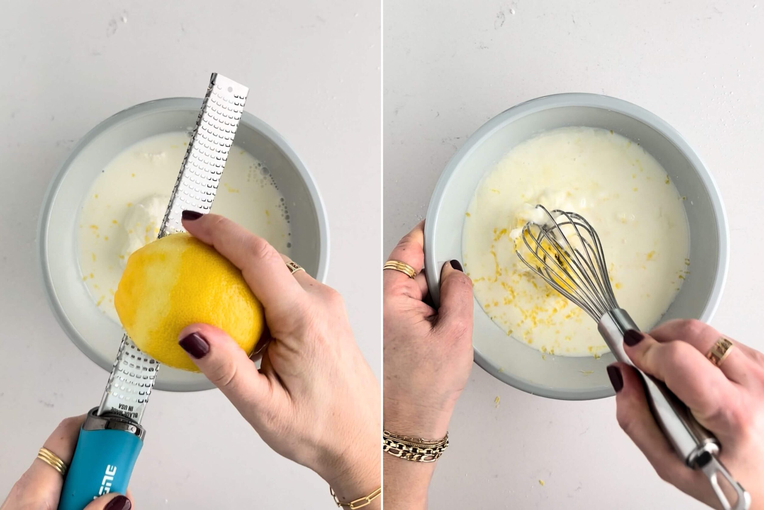 Zesting a lemon and mixing lemon zest together with wet ingredients for lemon biscuits