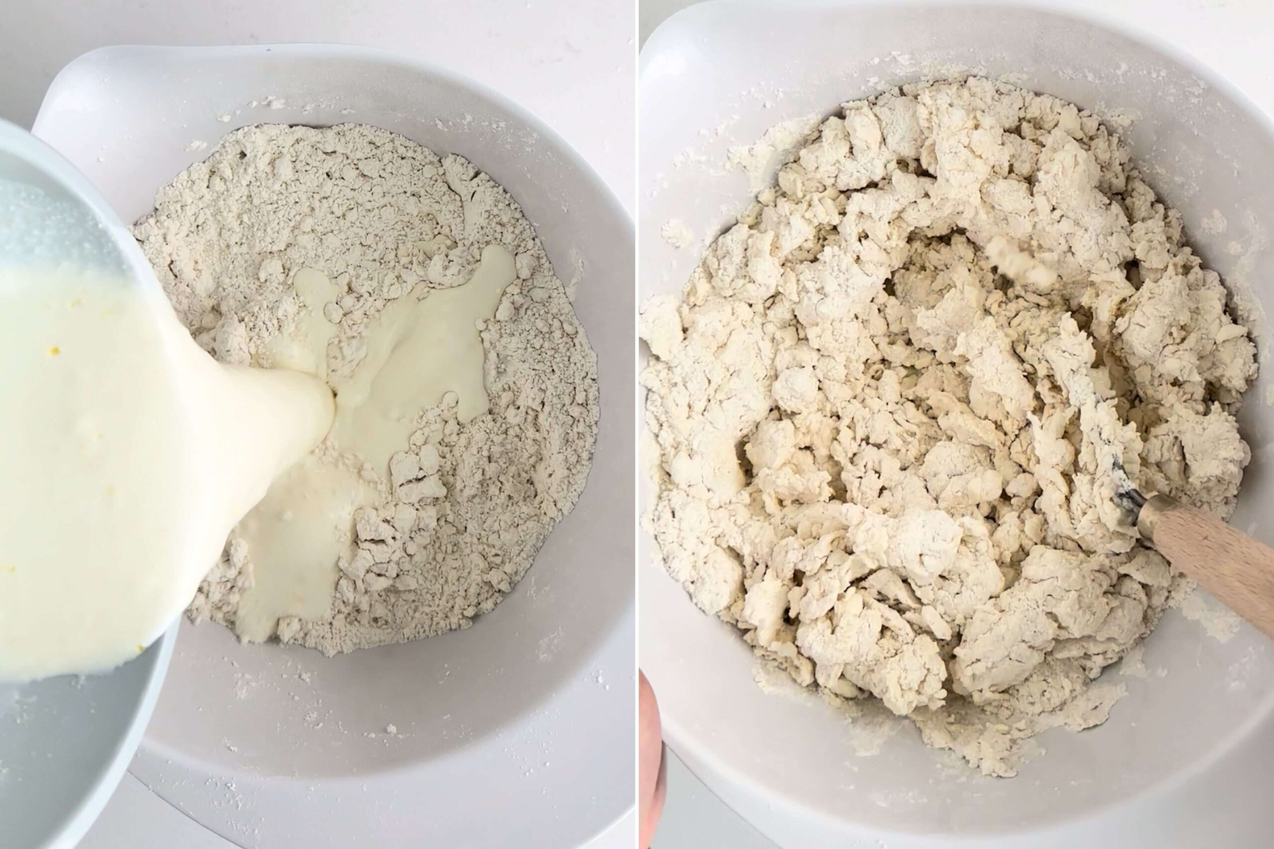 combining the whet and the dry ingredients together until they are incorporated into a lemon biscuit dough