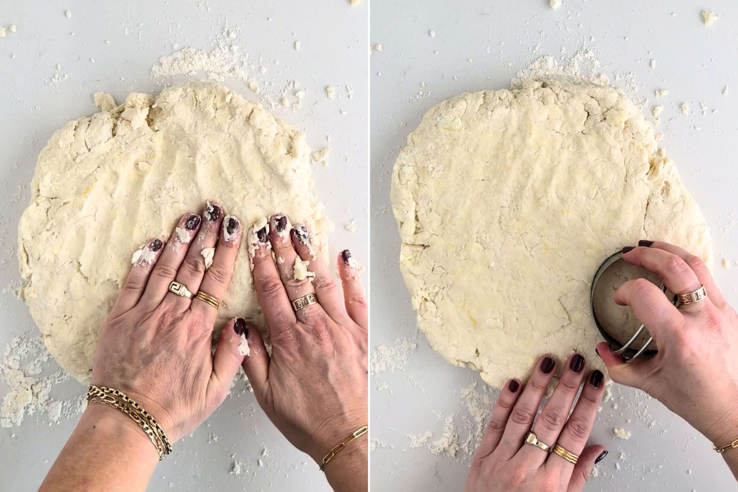 patting lemon biscuit dough to a one inch thickness and cutting circles out of the dough with a three-inch cookie cutter
