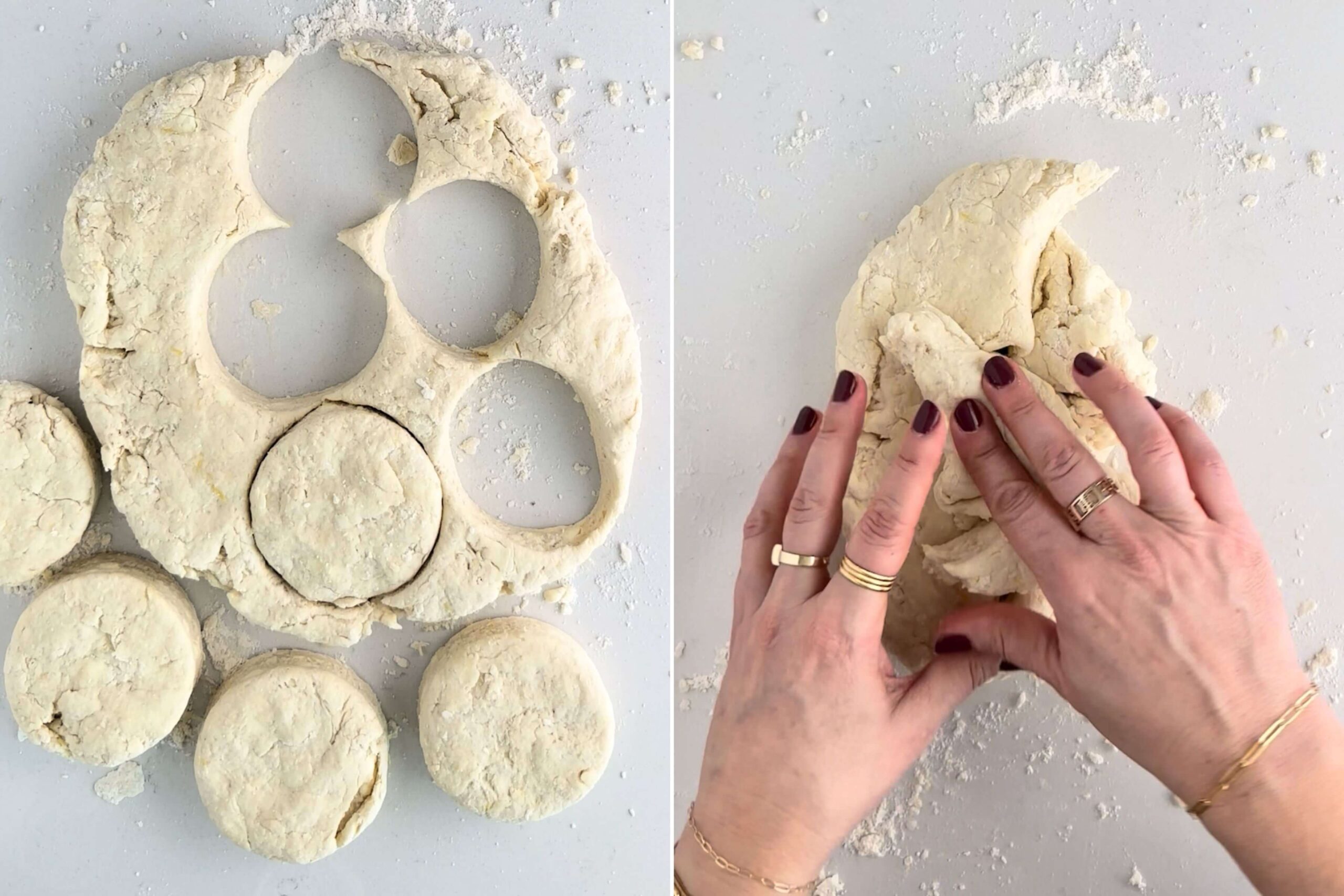 cutting as many three inch circles out of your lemon biscuit dough as passible, and then bringing the dough scraps back together.