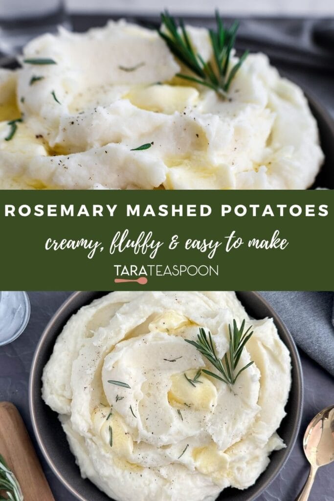 Pinterest graphic for Rosemary Mashed Potatoes recipe on Tara Teaspoon.