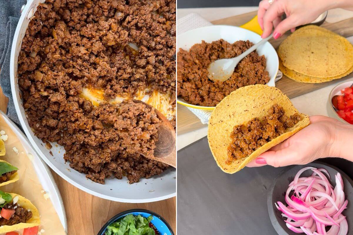Once all the meat is done cooking, scooping ground beef from a pan into a taco shell for ground beef tacos