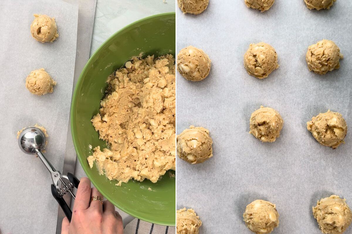 scooping white chocolate macadamia nut cookie dough onto a cookie sheet before baking.