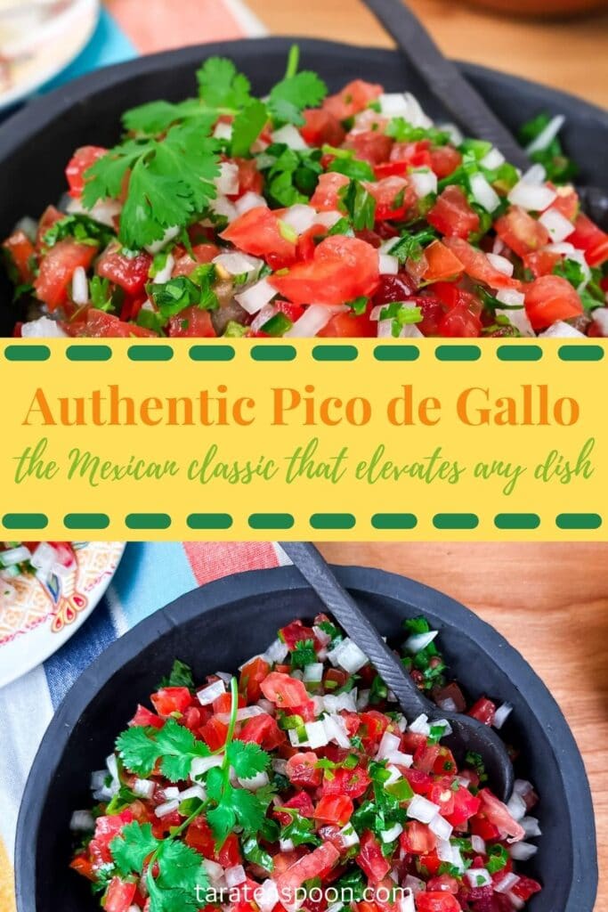 Pinterest graphic for Authentic Pico de Gallo recipe on Tara Teaspoon.