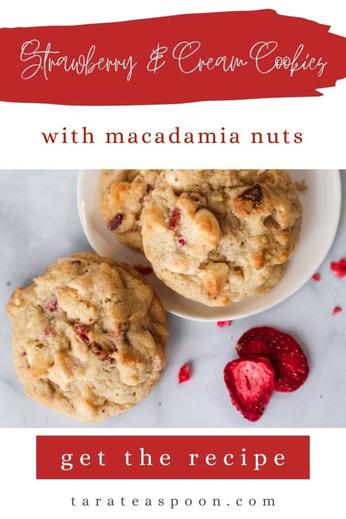 Pinterest graphic for Strawberries and Cream Cookies recipe on Tara Teaspoon.