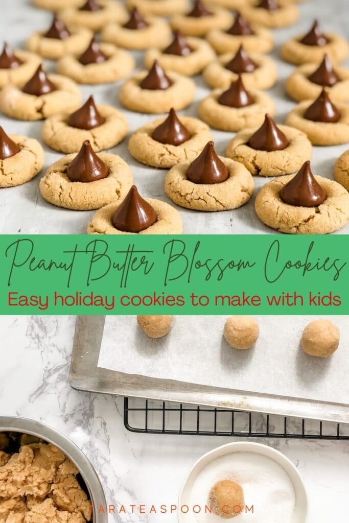 Pinterest graphic for Peanut Butter Blossom Cookies recipe on Tara Teaspoon.