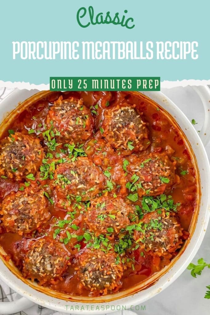 Pinterest graphic for Porcupine Meatballs with Rice recipe on Tara Teaspoon.