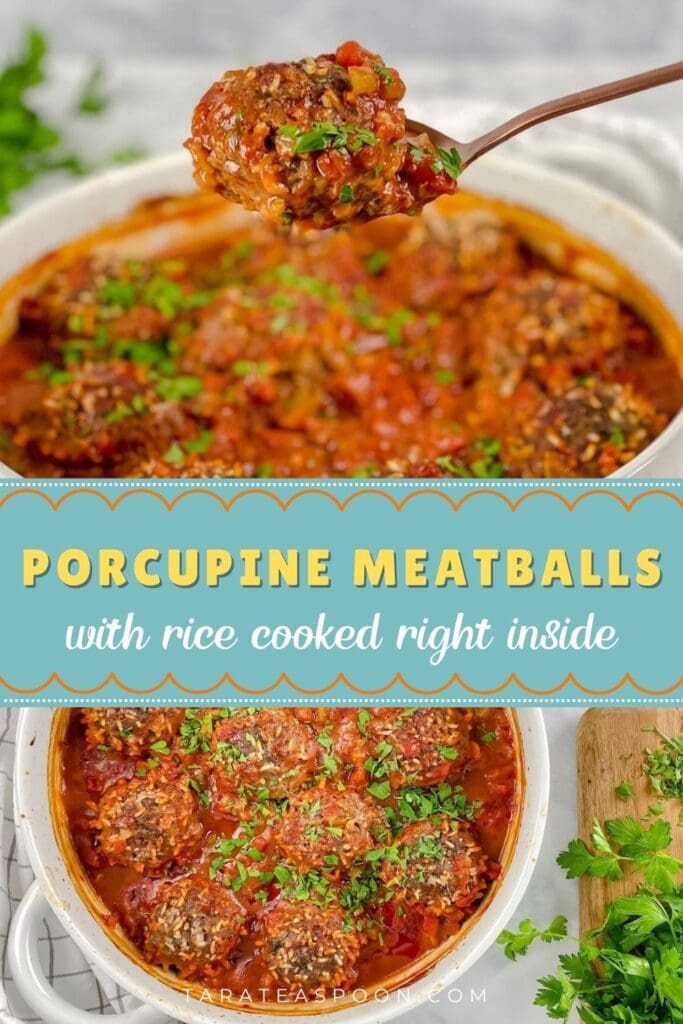 Pinterest graphic for Porcupine Meatballs with Rice recipe on Tara Teaspoon.