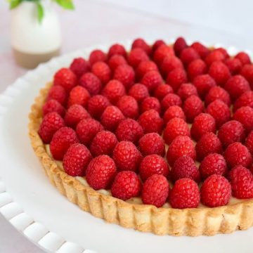 square feature image of raspberry tart close up.