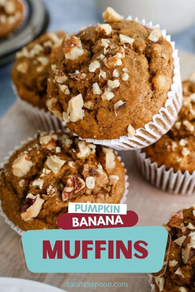 Pinterest graphic for Pumpkin Banana Muffins recipe on Tara Teaspoon.