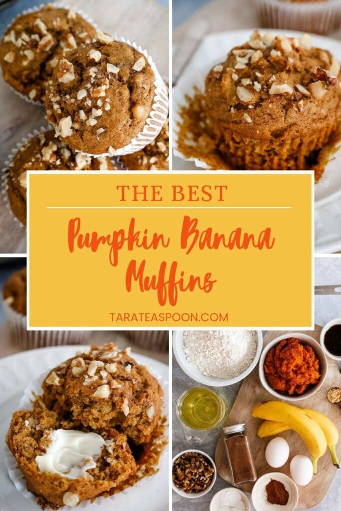 Pinterest graphic for Pumpkin Banana Muffins recipe on Tara Teaspoon.