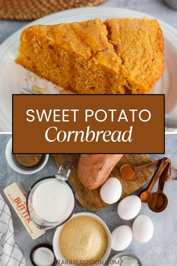 Pinterest graphic for Sweet Potato Cornbread recipe on Tara Teaspoon.