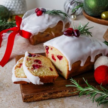 close up of cranberry pound cake for feature image.