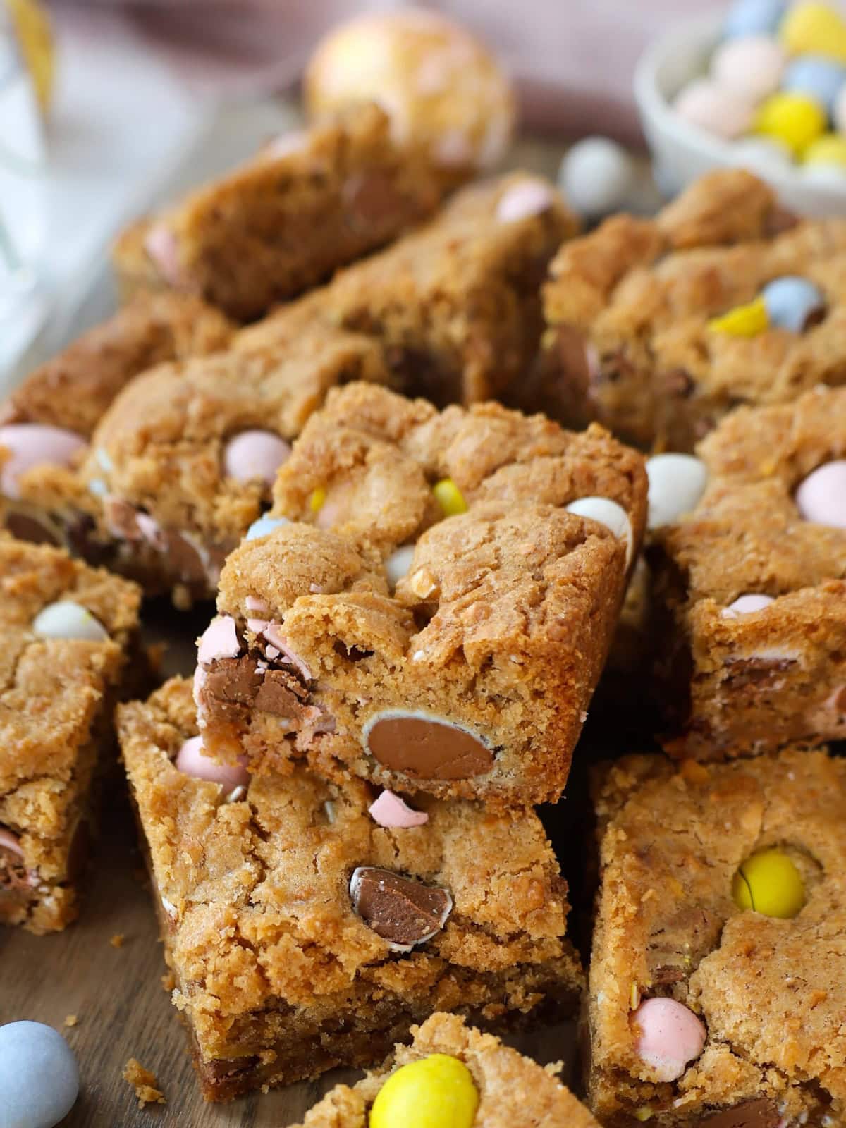 Top view of a pile of cut Easter Blondies.