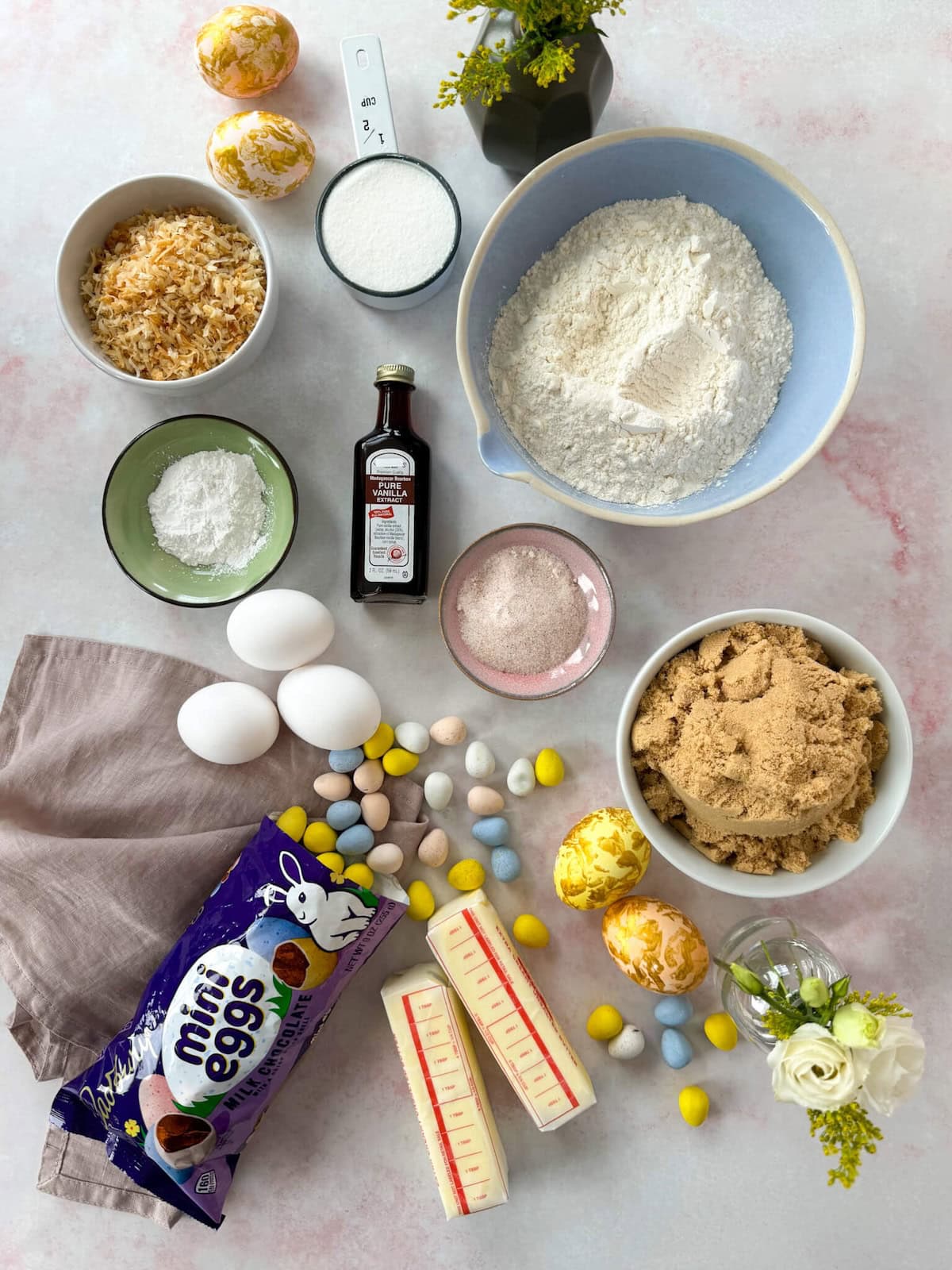 Ingredients needed to make Easter blondies.