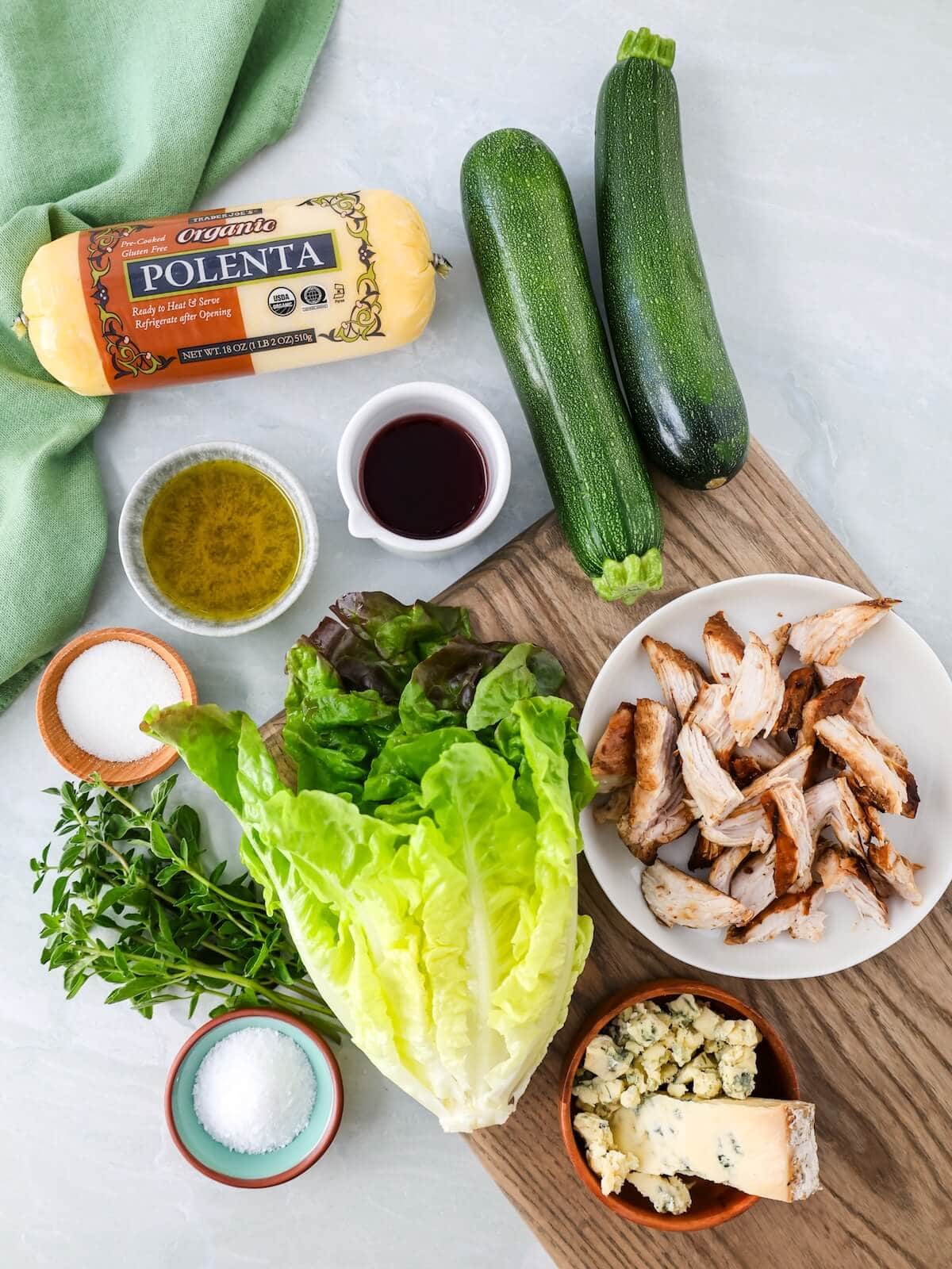 Ingredients needed to make polenta zucchini salad.