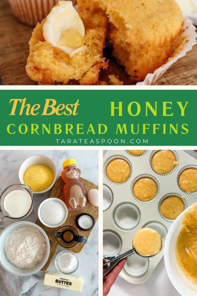 Pinterest graphic for Honey Cornbread Muffins recipe on Tara Teaspoon