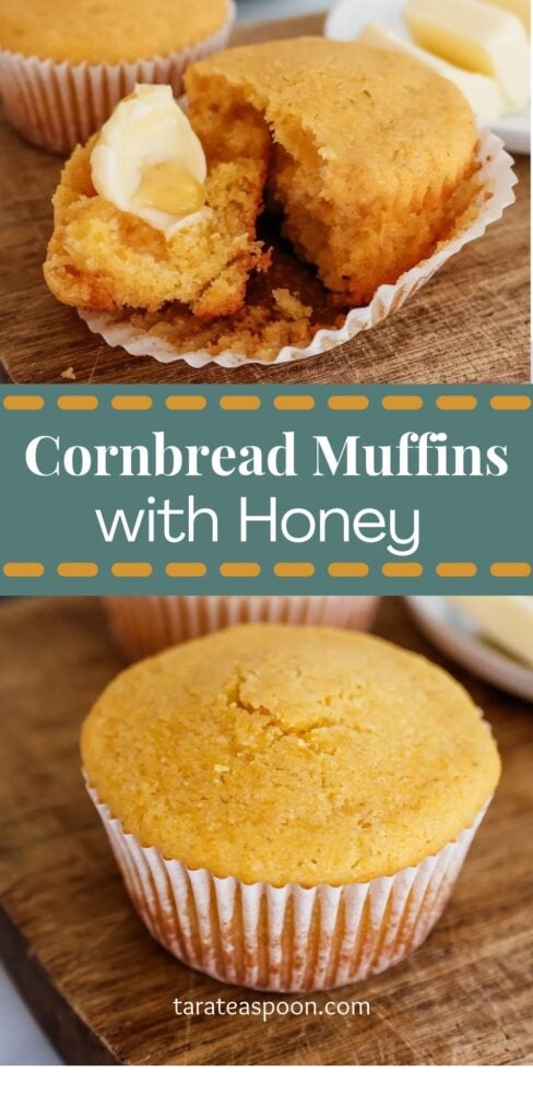 Pinterest graphic for Honey Cornbread Muffins recipe on Tara Teaspoon