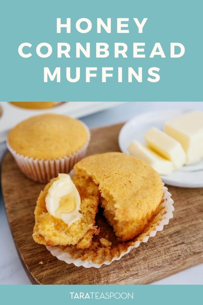 Pinterest graphic for Honey Cornbread Muffins recipe on Tara Teaspoon.