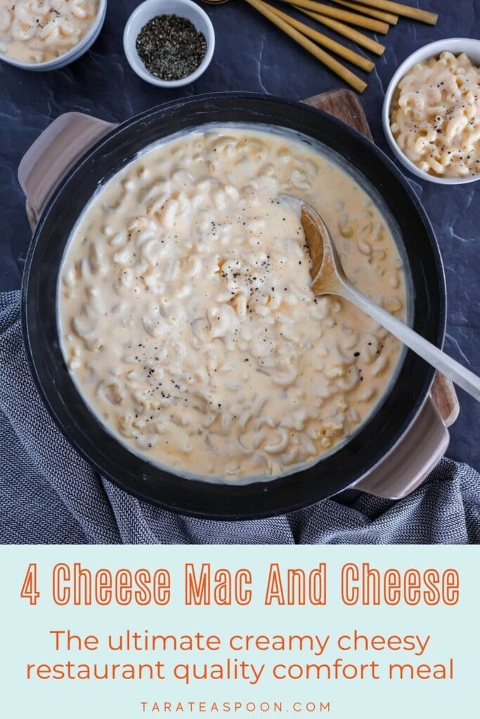Pinterest graphic for Four Cheese Mac and Cheese recipe on Tara Teaspoon.