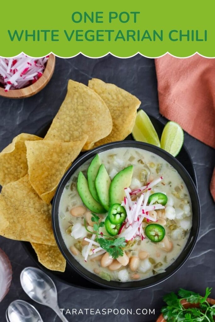 Pinterest graphic for White Vegetarian Chili recipe on Tara Teaspoon.
