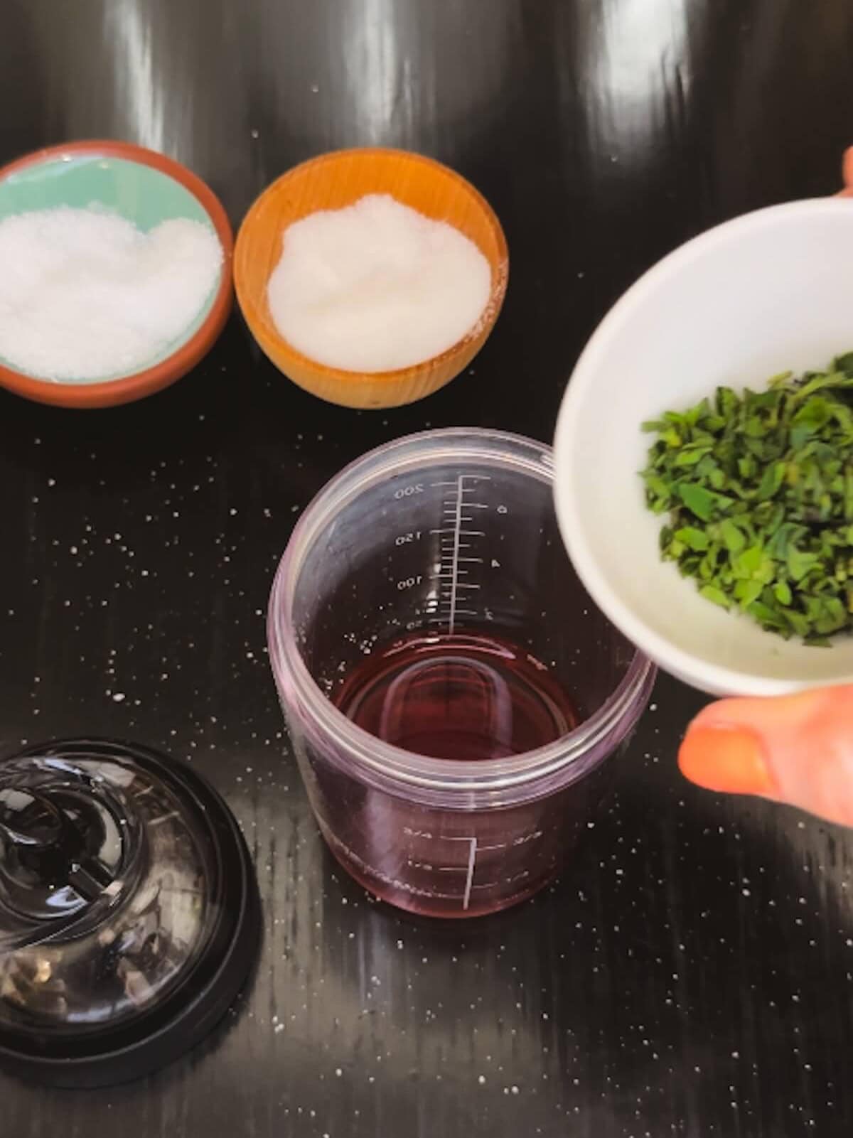 Making dressing for Zucchini polenta salad.