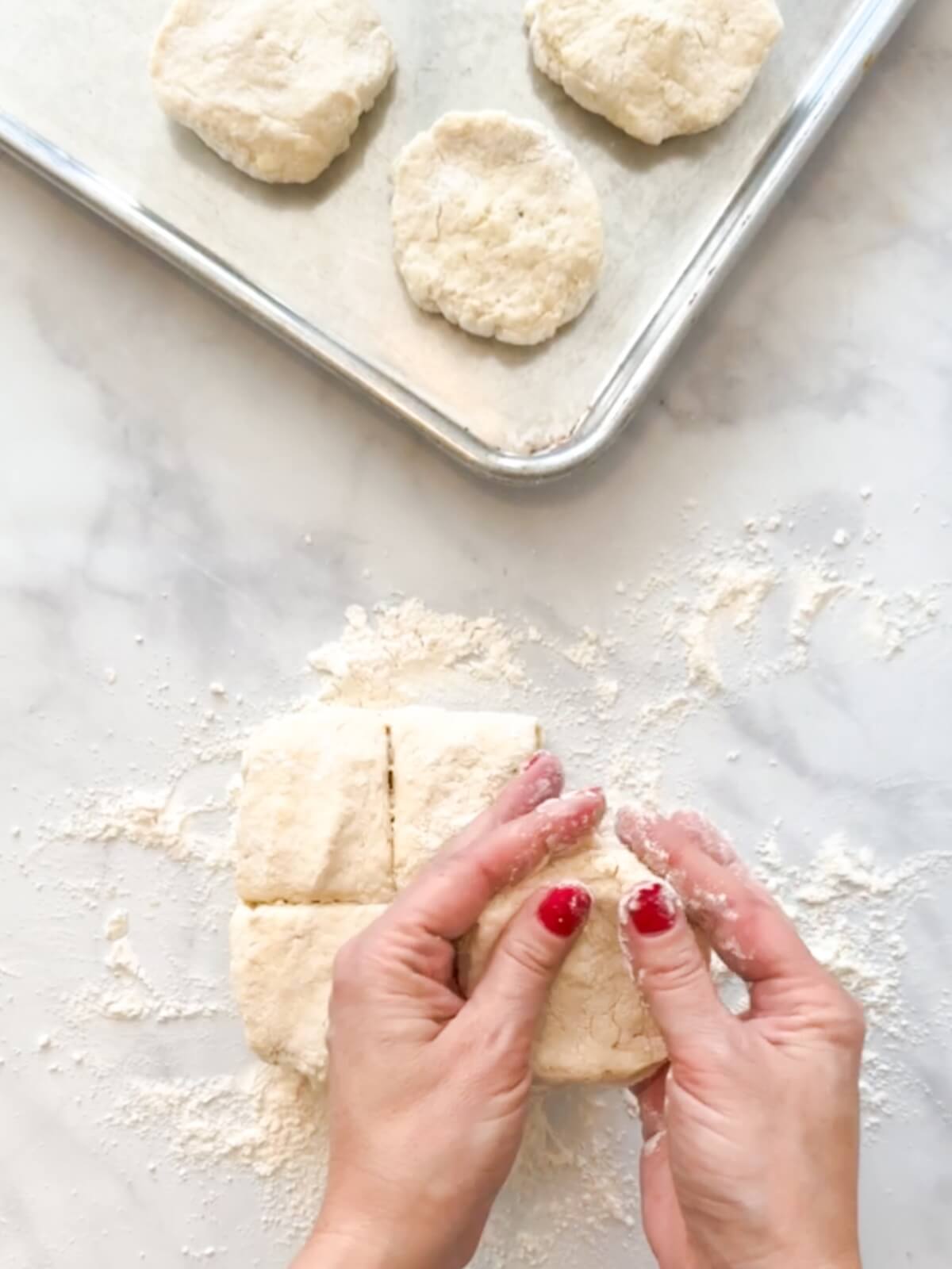 Forming round biscuits by hand for turkey pot pie.