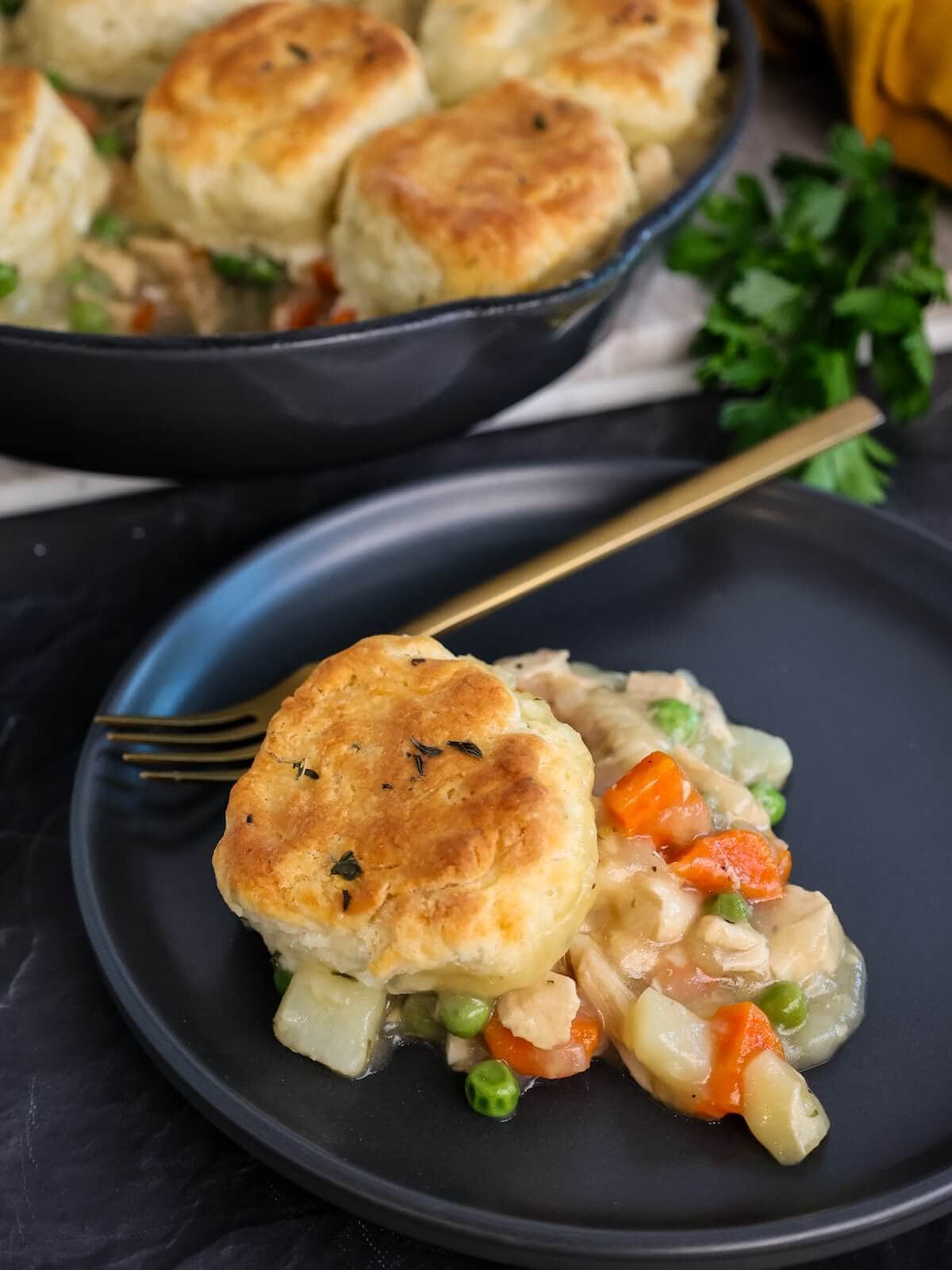 Serving of turkey pie on a plate with a biscuit on top.