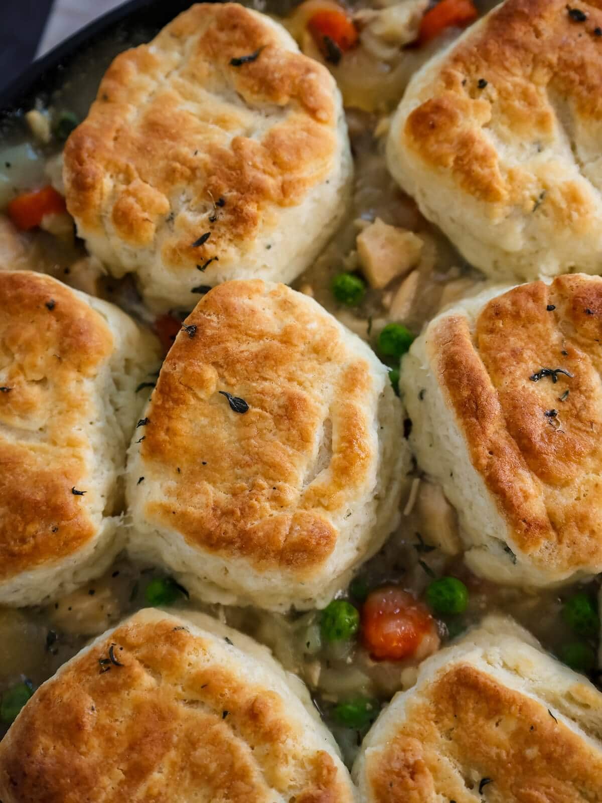 close up of biscuits on turkey pot pie.