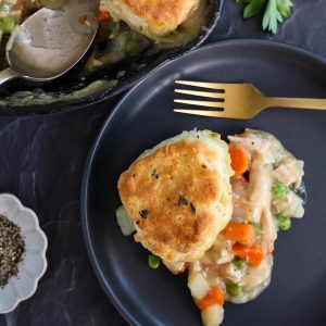 Feature image of a serving of turkey pie with biscuit topping.