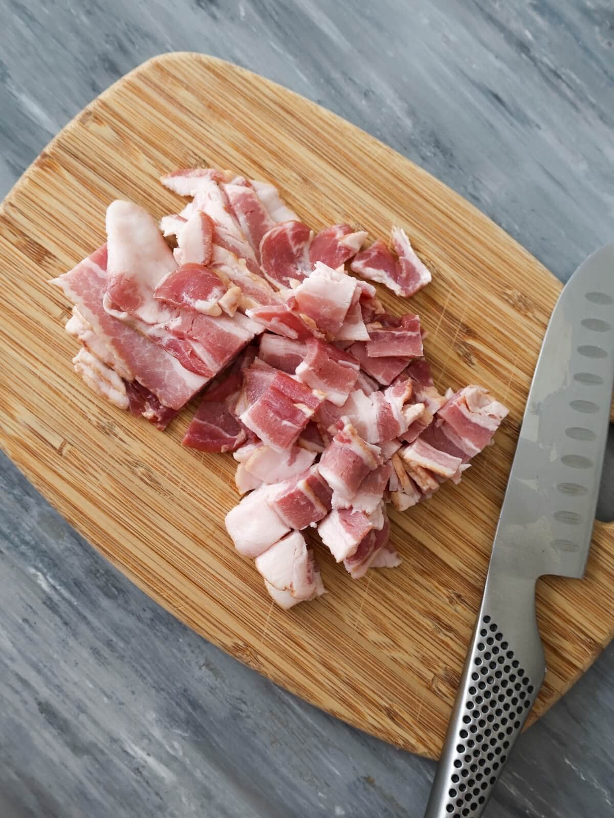cut bacon into half inch pieces before cooking for onion dip.