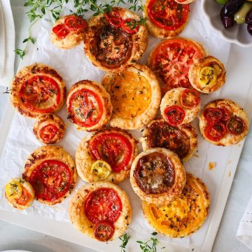 feature image of mini tomato tarts on a platter.