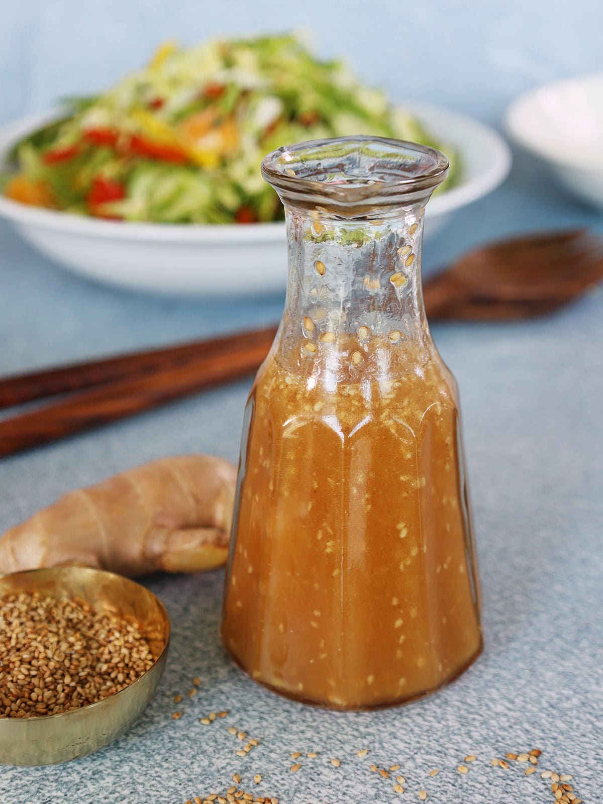Ginger Sesame dressing in a carafe ready for salad.