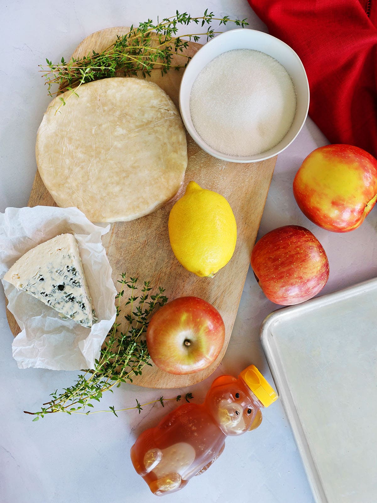 ingredients for easy apple tarts with blue cheese