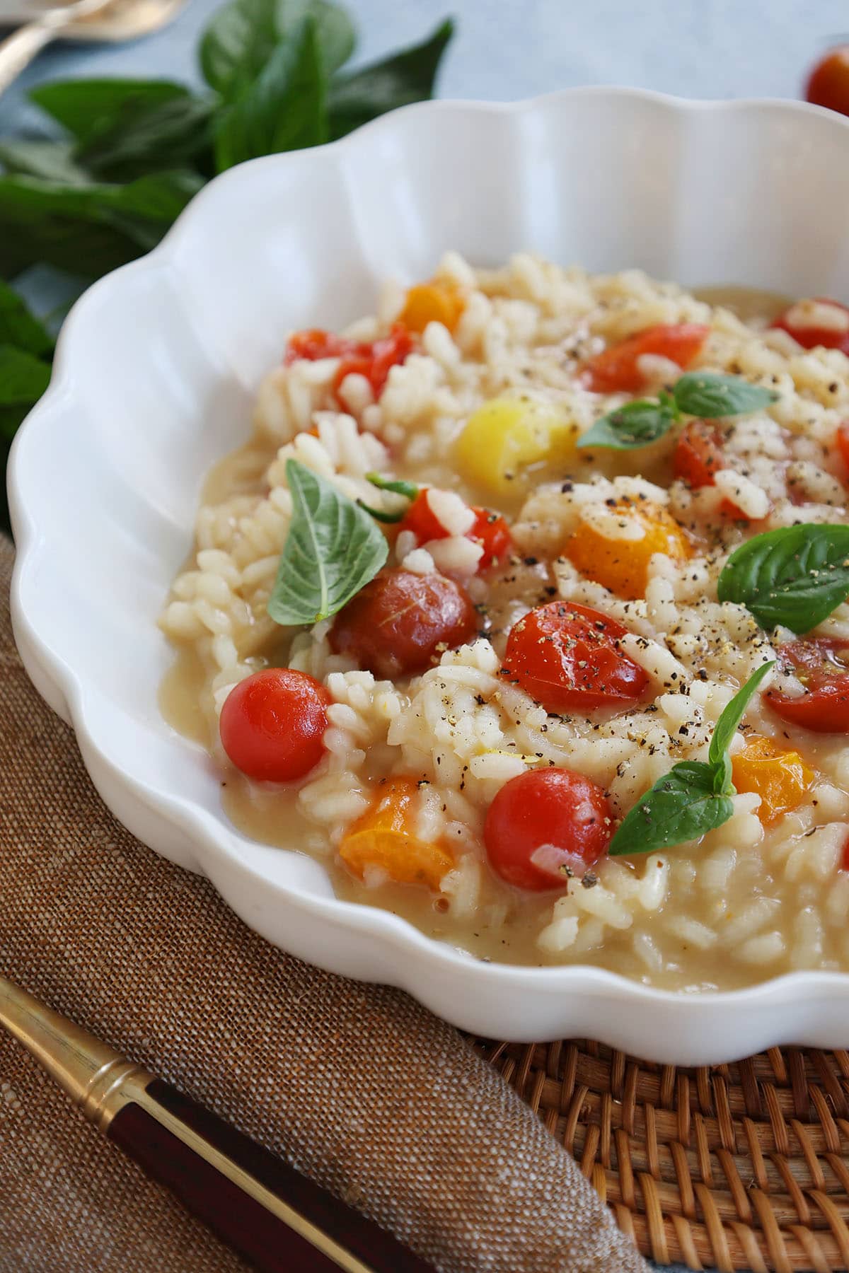 close up of tomato risotto in a white scalloped bowl with basil.
