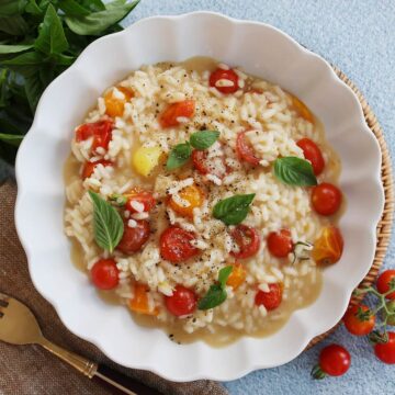 square feature for risotto with basil and tomatoes