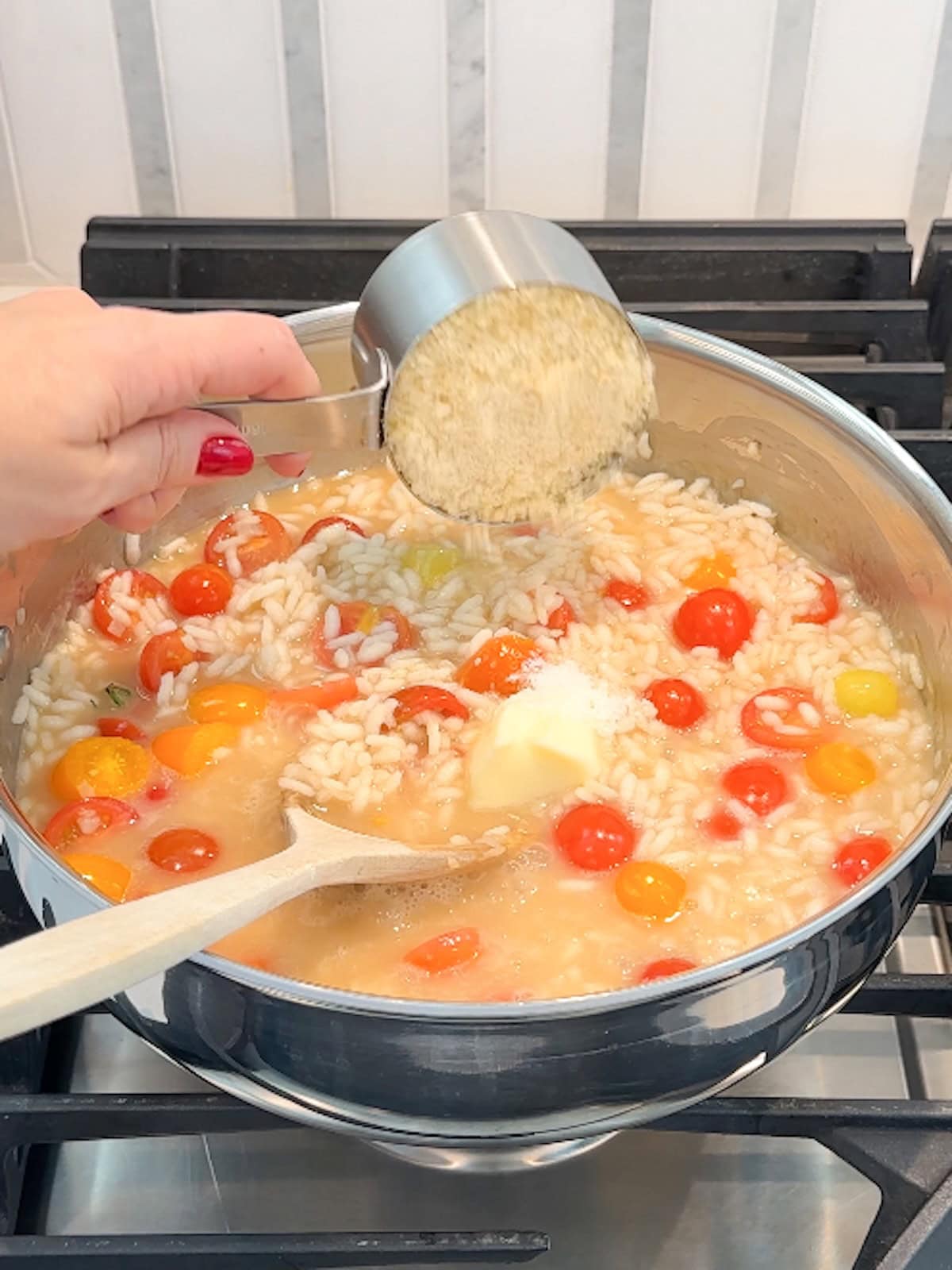 Add butter, salt, and cheese just before finishing the risotto.