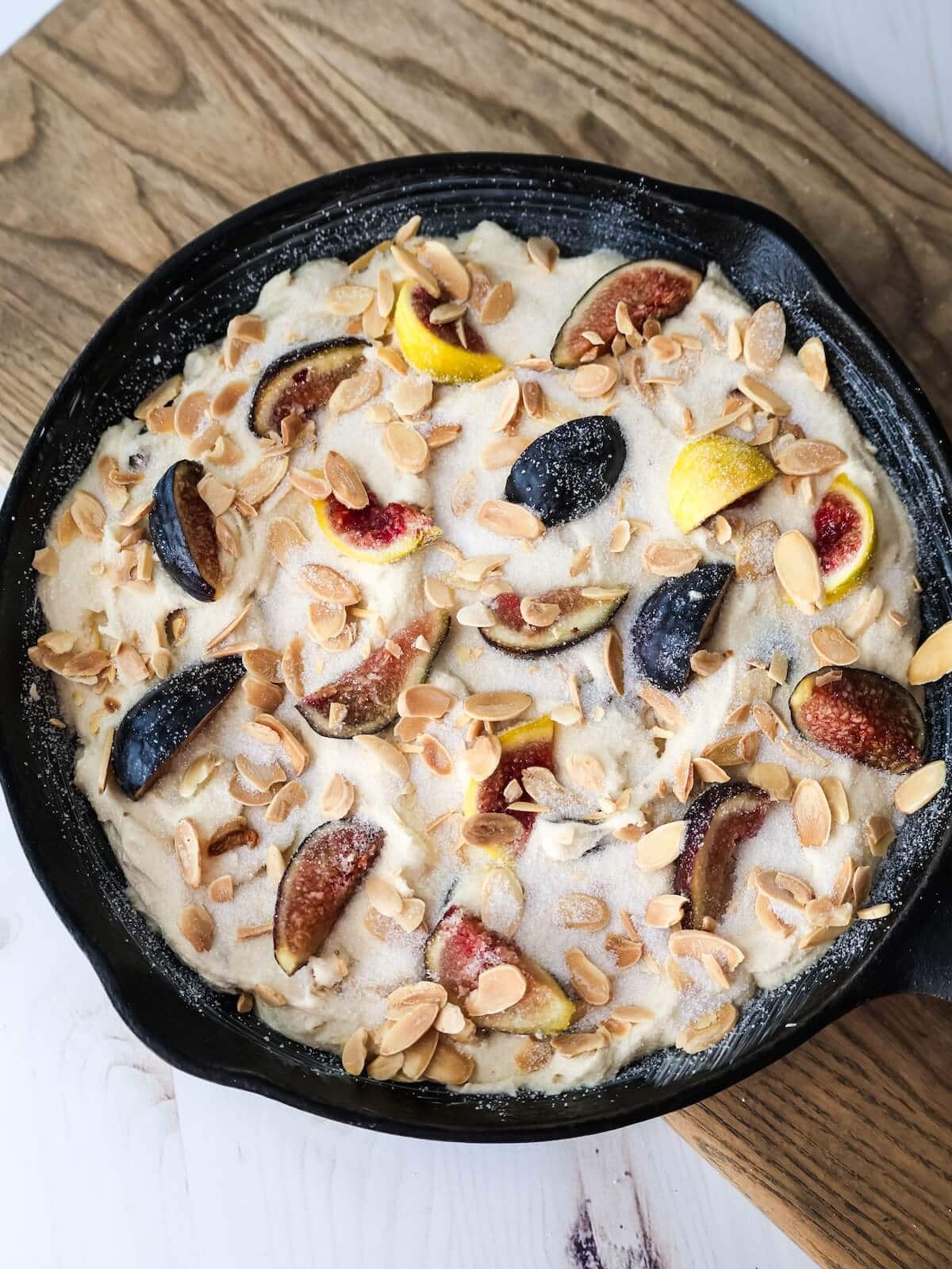 Fig almond cake batter and topping ready to go in the oven.