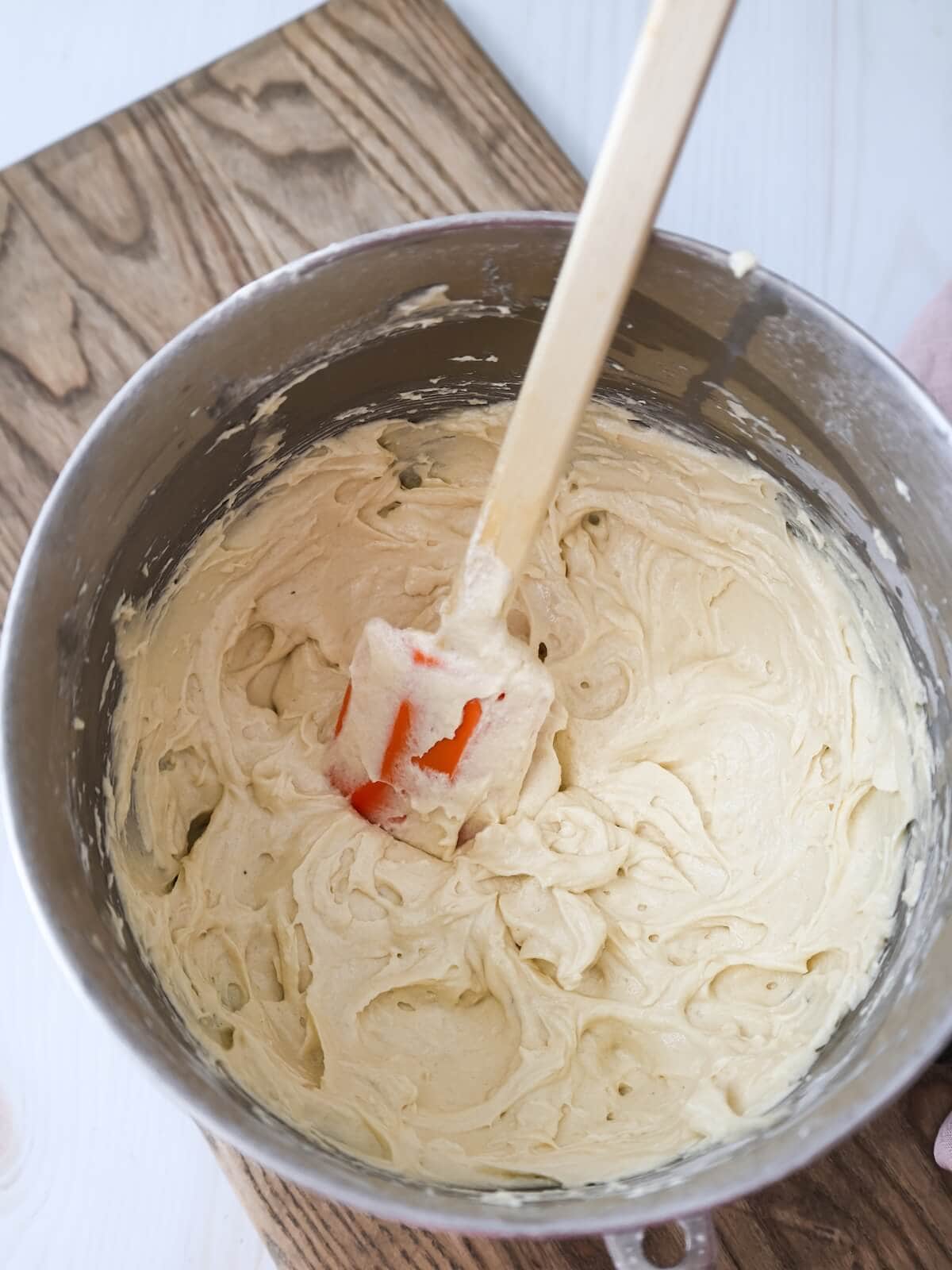 Finished fig almond cake batter in mixing bowl.