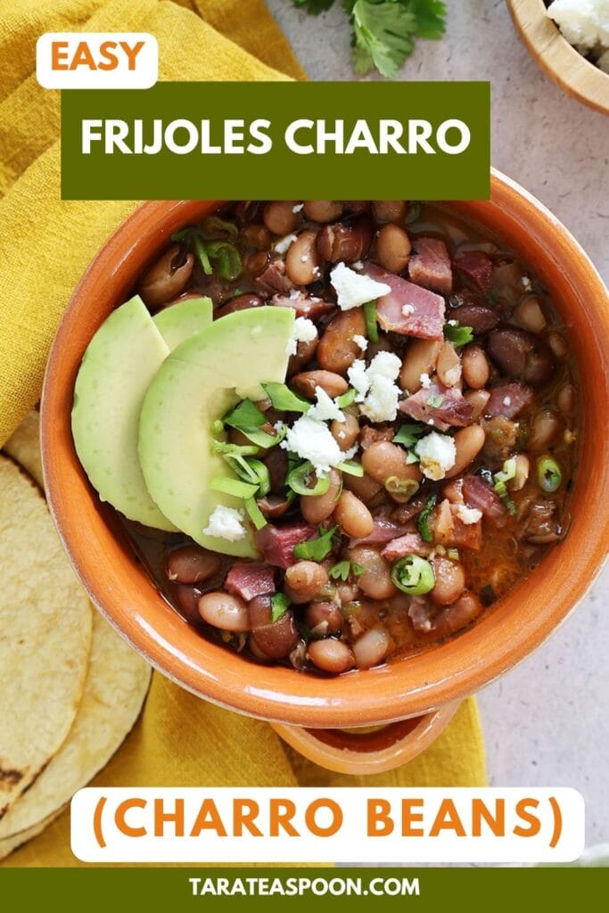 Pinterest graphic for Frijoles Charro (Charro Beans) recipe on Tara Teaspoon.