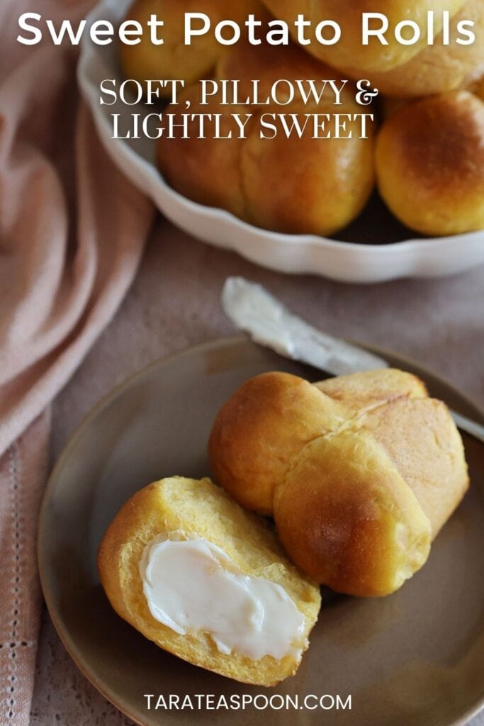 Pinterest graphic for Sweet Potato Rolls recipe on Tara Teaspoon.