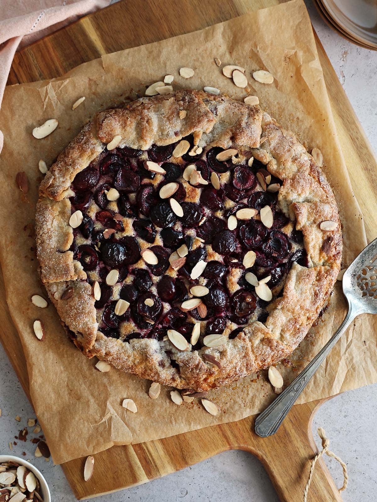 Top view of a baked cherry galette.