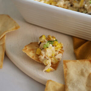 Close up of crab dip on a pita chip.