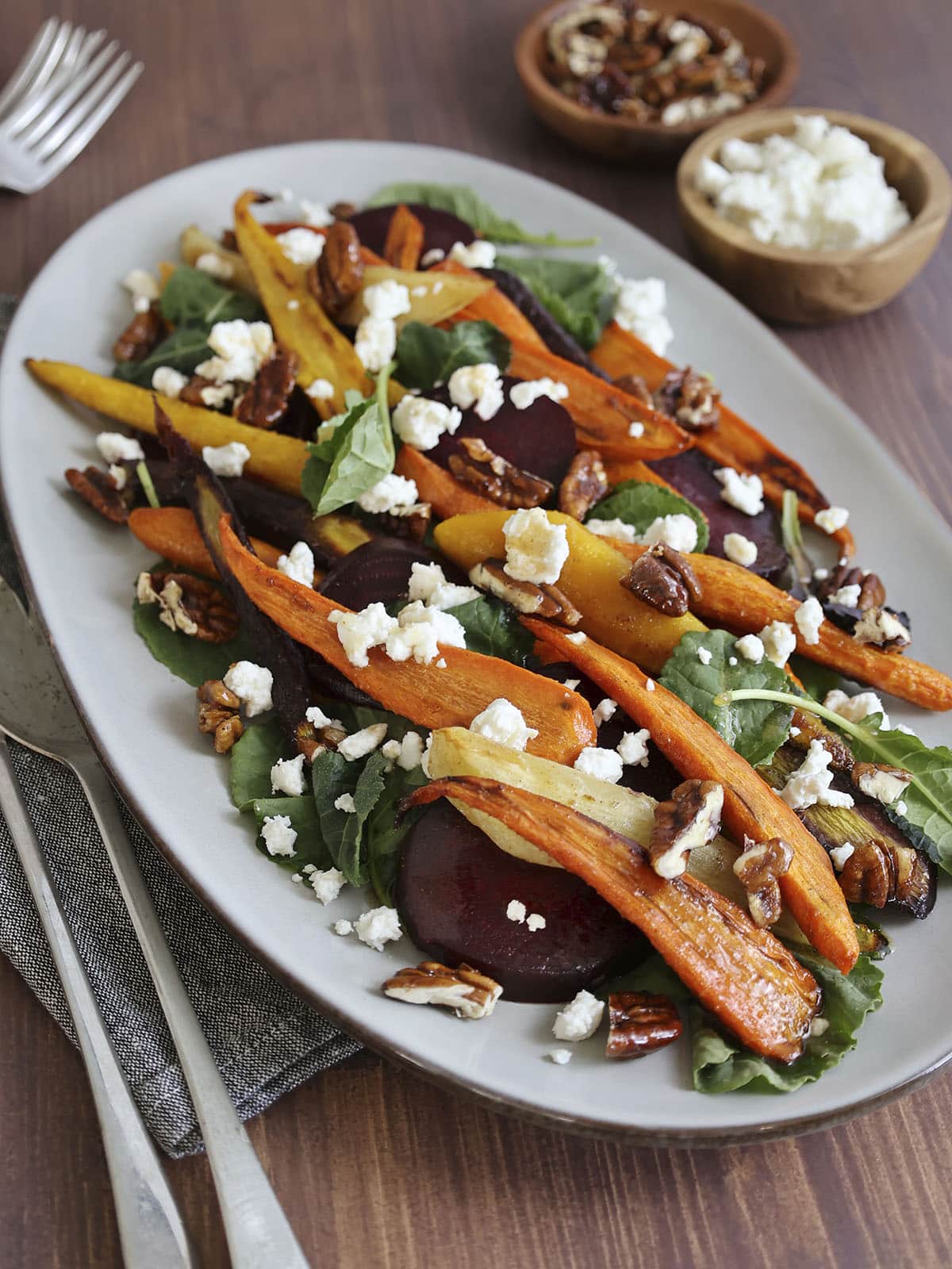 Top view of a roasted beet and carrot salad.