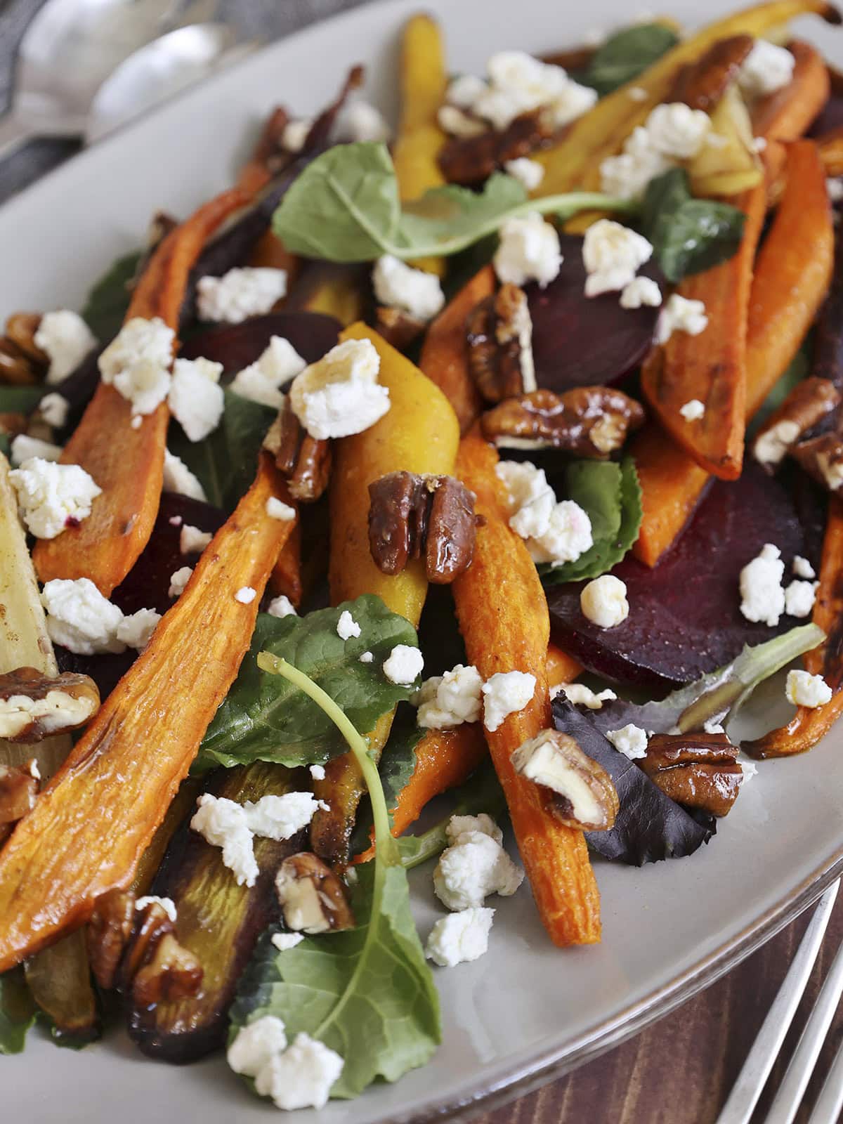 Close up of a roasted beet and carrot salad.