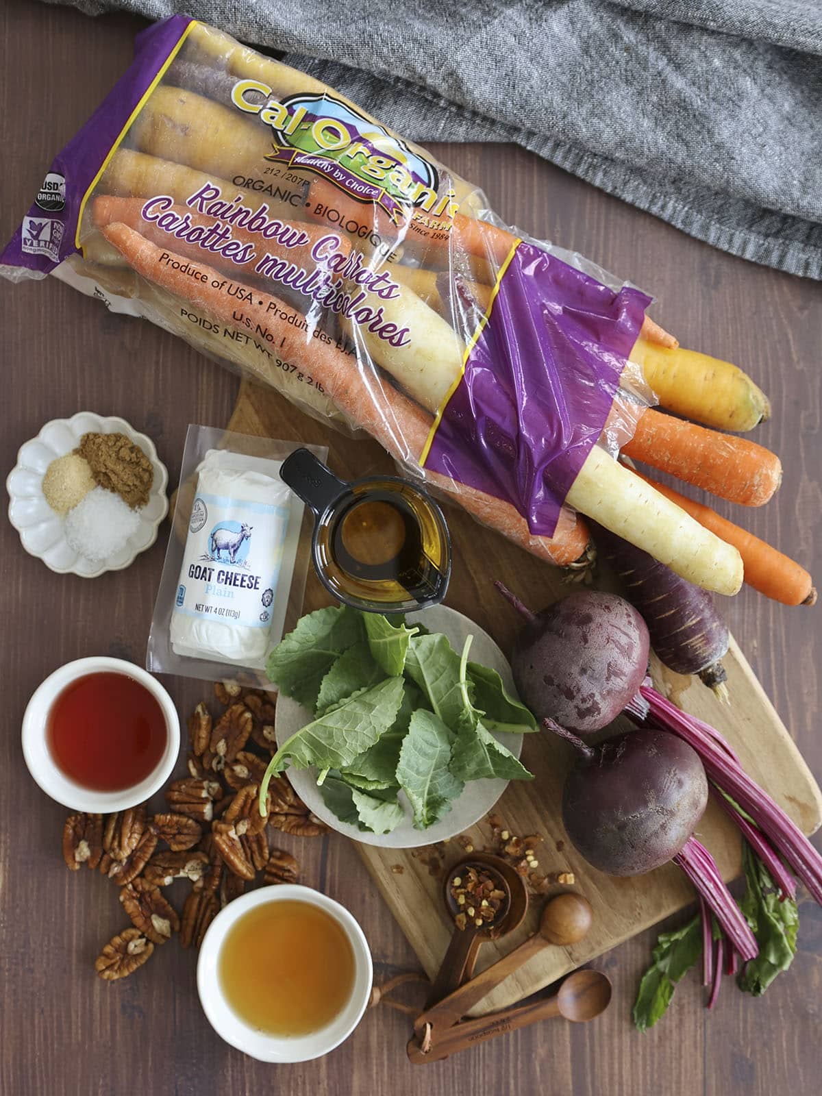 Ingredients needed to make a roasted beet and carrot salad.
